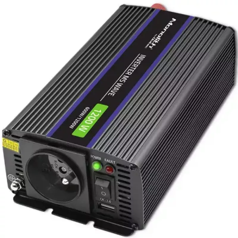 Power inverter QOLTEC Monolith 600 W — 12 V to 230 V, USB PD 18 W, car/indoor, black