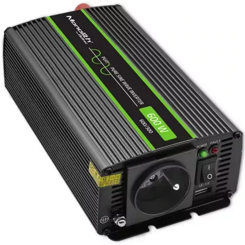 Power inverter QOLTEC Monolith 600 W — 12 V to 230 V, USB PD 18 W, car/indoor, black