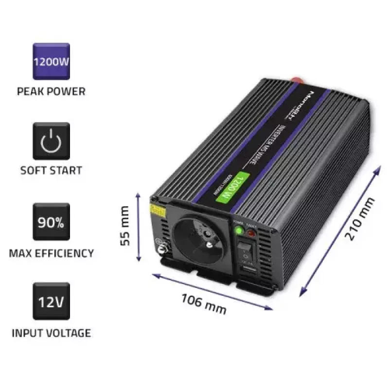Power inverter QOLTEC Monolith 600 W — 12 V to 230 V, USB PD 18 W, car/indoor, black