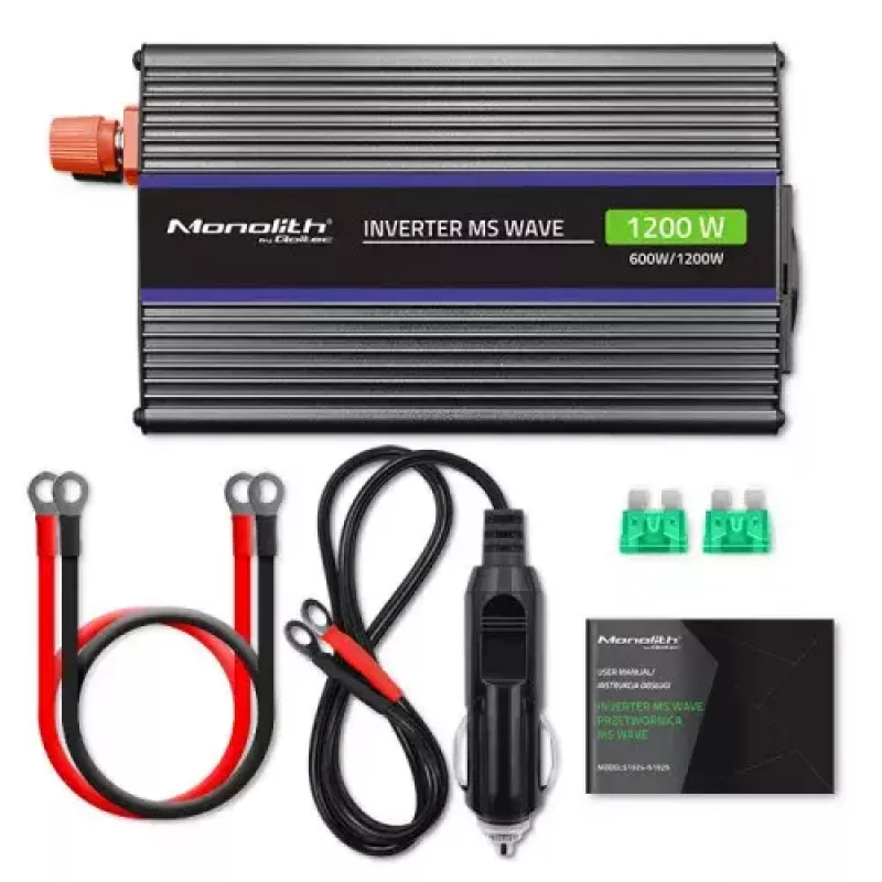 Power inverter QOLTEC Monolith 600 W — 12 V to 230 V, USB PD 18 W, car/indoor, black