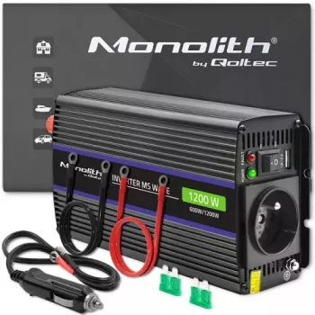 Power inverter QOLTEC Monolith 600 W — 12 V to 230 V, USB PD 18 W, car/indoor, black