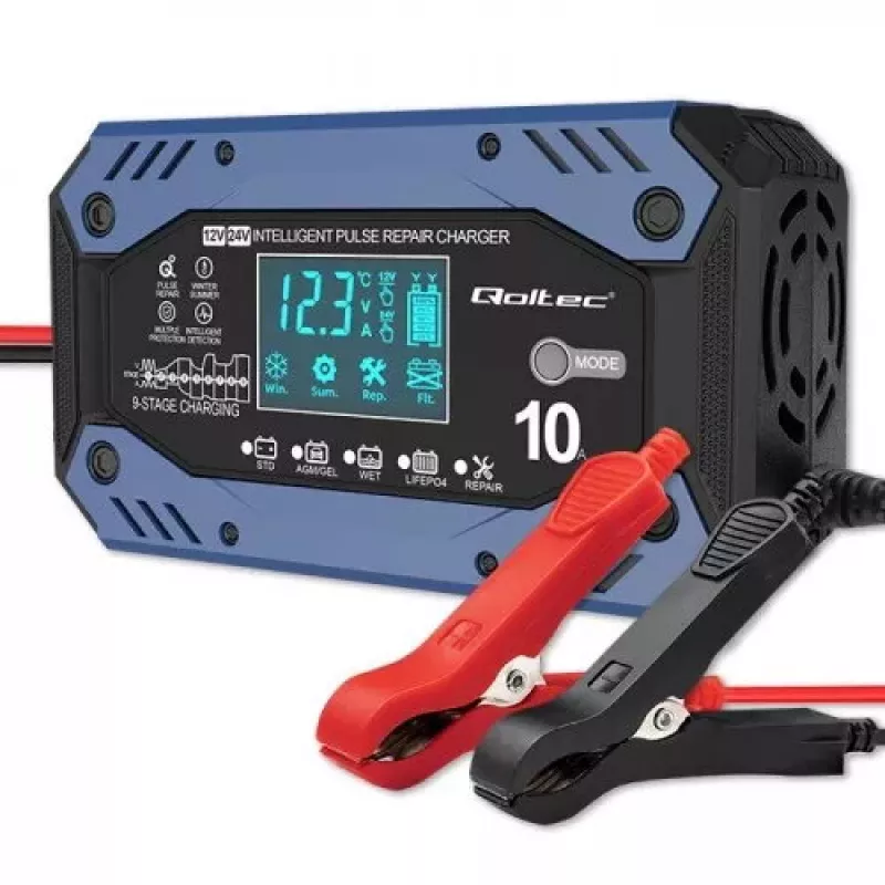 Vehicle battery charger QOLTEC 52482 12/24 V 5/10 A with LCD display and Type F plug