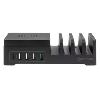 Manhattan Charging Station with Wireless Charging Pad (detachable), 1x Wireless, 1x USB-C and 4x USB-A Ports, Wireless Output: 2A, USB-C Output: 3A, USB-A Outputs: 1x 3A and 3x 2.4A max, Cable 1m, Black (Power Cable: Euro 2-pin plug to C7 figure-of-8 connector)