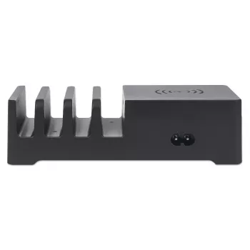 Manhattan Charging Station with Wireless Charging Pad (detachable), 1x Wireless, 1x USB-C and 4x USB-A Ports, Wireless Output: 2A, USB-C Output: 3A, USB-A Outputs: 1x 3A and 3x 2.4A max, Cable 1m, Black (Power Cable: Euro 2-pin plug to C7 figure-of-8 connector)