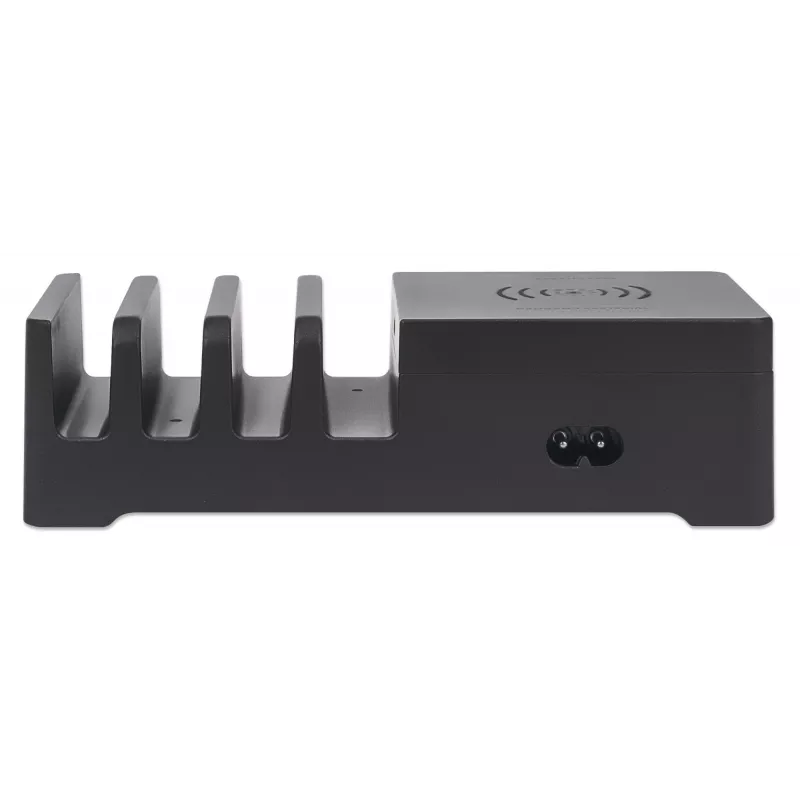 Manhattan Charging Station with Wireless Charging Pad (detachable), 1x Wireless, 1x USB-C and 4x USB-A Ports, Wireless Output: 2A, USB-C Output: 3A, USB-A Outputs: 1x 3A and 3x 2.4A max, Cable 1m, Black (Power Cable: Euro 2-pin plug to C7 figure-of-8 connector)
