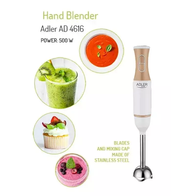 Immersion blender Adler AD 4616 — handheld stick blender, 500 W max, 2 speeds, stainless steel blades, white