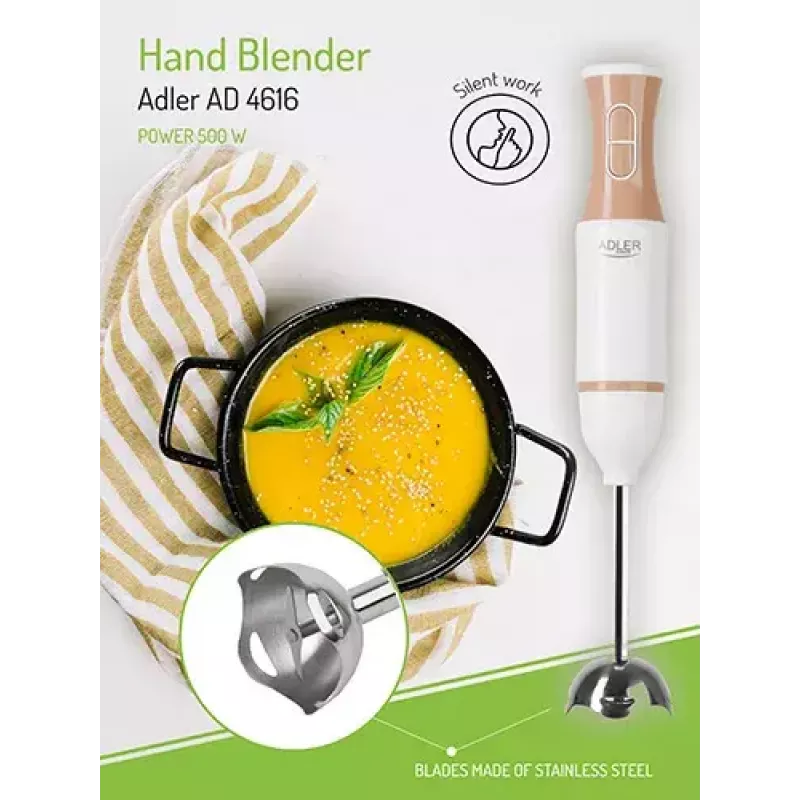 Immersion blender Adler AD 4616 — handheld stick blender, 500 W max, 2 speeds, stainless steel blades, white