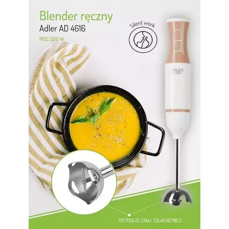 Immersion blender Adler AD 4616 — handheld stick blender, 500 W max, 2 speeds, stainless steel blades, white