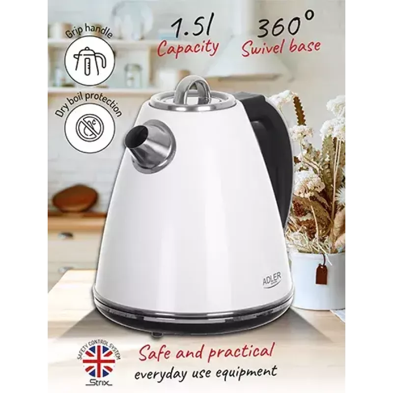 Adler AD 1343 electric kettle, 1.5 L, 1850 W, stainless steel, Strix, White