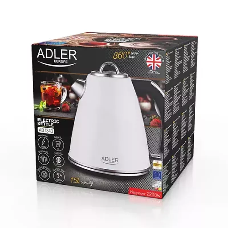 Adler AD 1343 electric kettle, 1.5 L, 1850 W, stainless steel, Strix, White