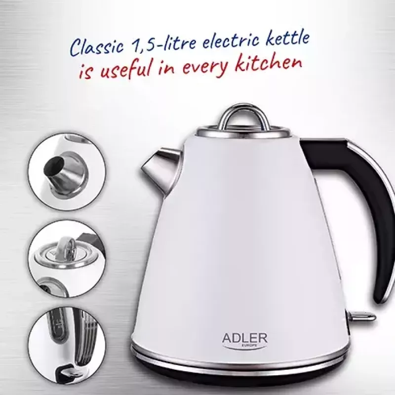 Adler AD 1343 electric kettle, 1.5 L, 1850 W, stainless steel, Strix, White