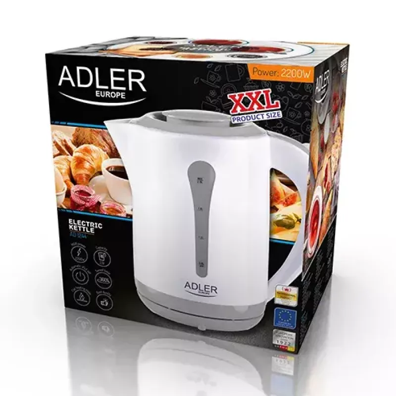 Electric kettle Adler AD 1244 — 2.5 L, 2200 W, white, concealed heating element