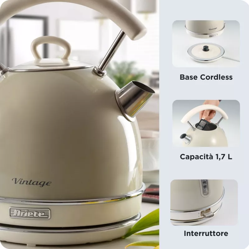 Ariete 2877 Kettle Vintage, 1,7L, Cordless, Beige, 1.7 L, 2000 W, Beige, Water level indicator, Cordless, Filtering