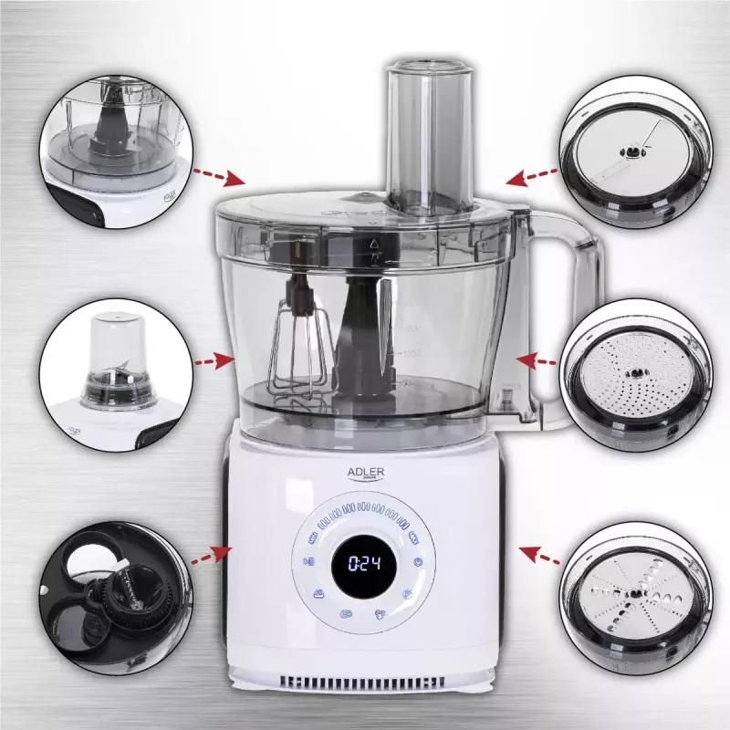 Adler AD 4224 Food Processor, 1000 W, 2 L bowl, 7 speeds, White