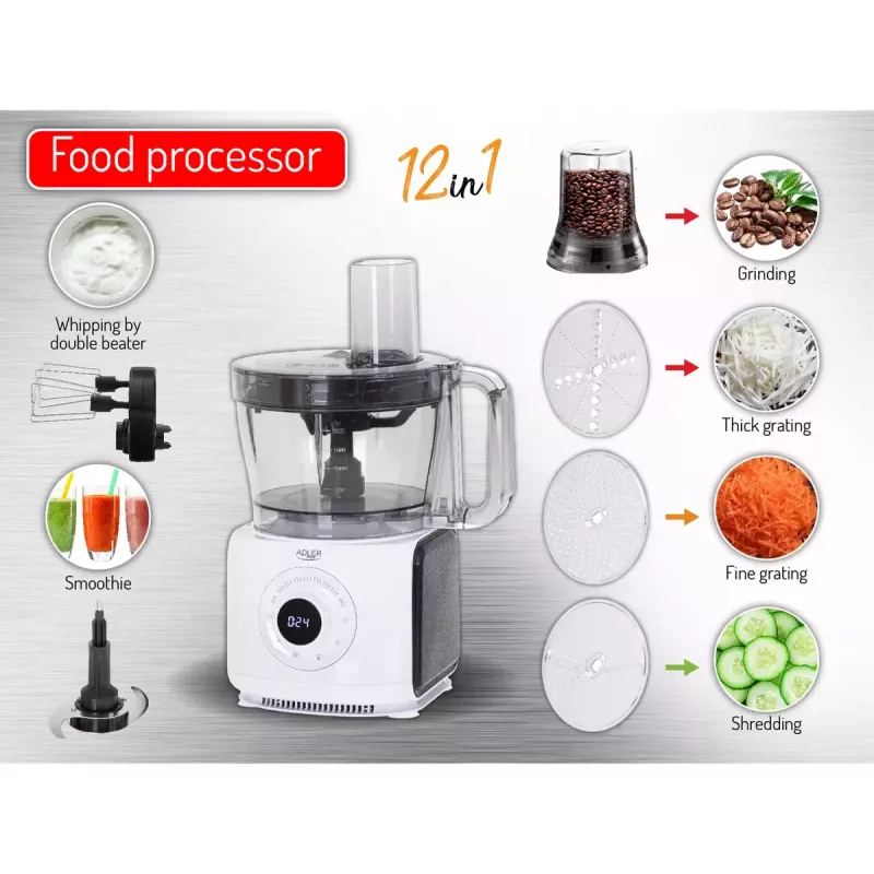 Adler AD 4224 Food Processor, 1000 W, 2 L bowl, 7 speeds, White