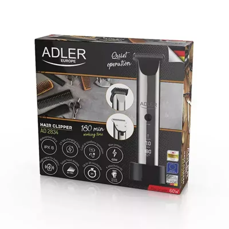 Adler AD 2834 Hair Clipper, 3 mm to 1.2 cm, 4 attachments, LCD, Silver
