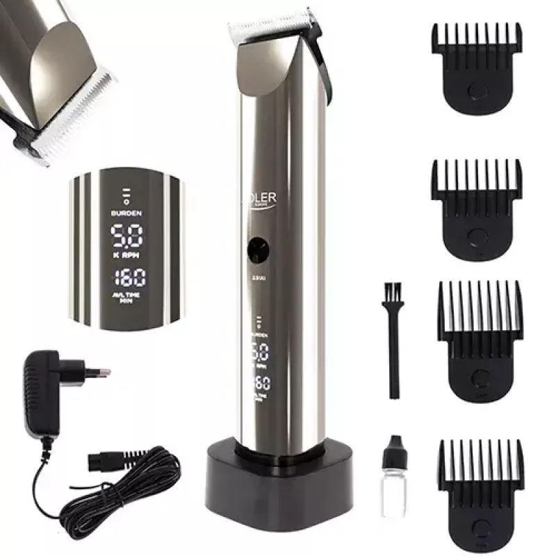 Adler AD 2834 Hair Clipper, 3 mm to 1.2 cm, 4 attachments, LCD, Silver