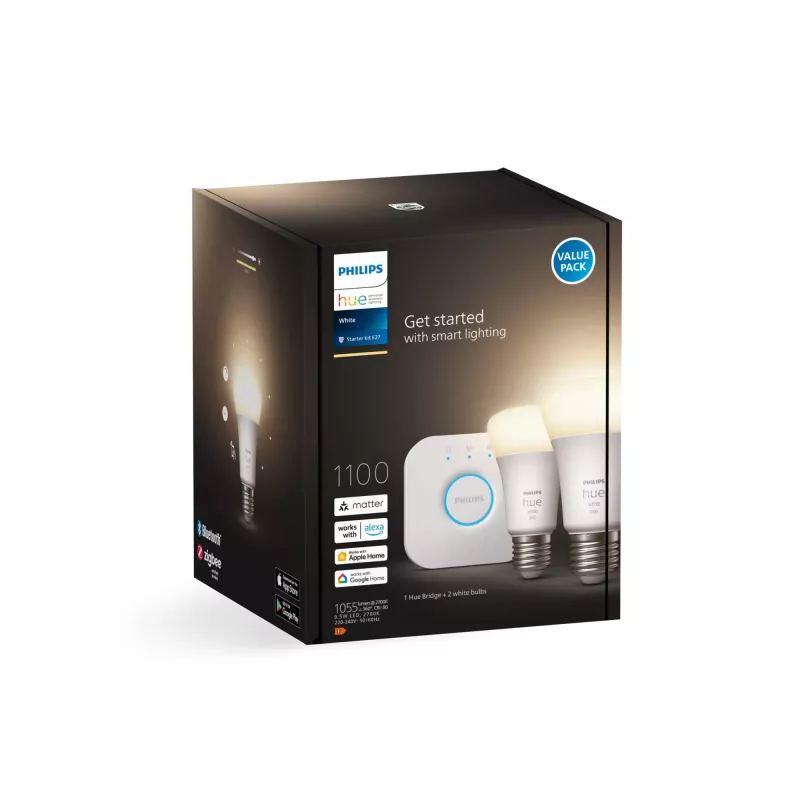 Philips Hue White Starter kit: 2 E27 smart bulbs (1100), Smart lighting kit, Bluetooth/Zigbee, White, LED, E27, A60