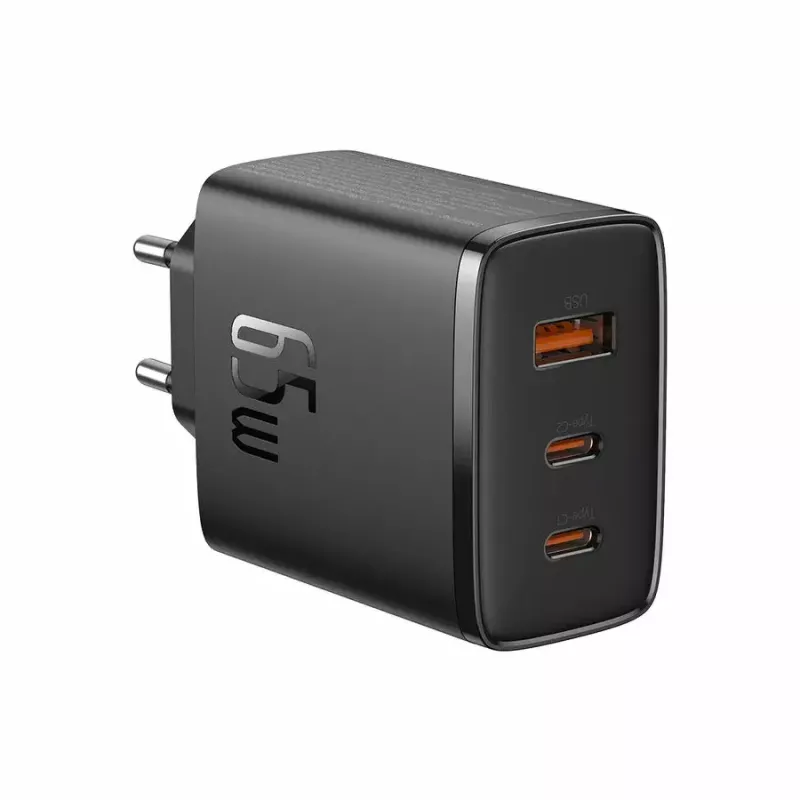 Fast charger Baseus Cube Pro 65W — 3 ports (2×USB-C, 1×USB-A), 110–240V, AC indoor, universal compatibility, black, 0.154 kg