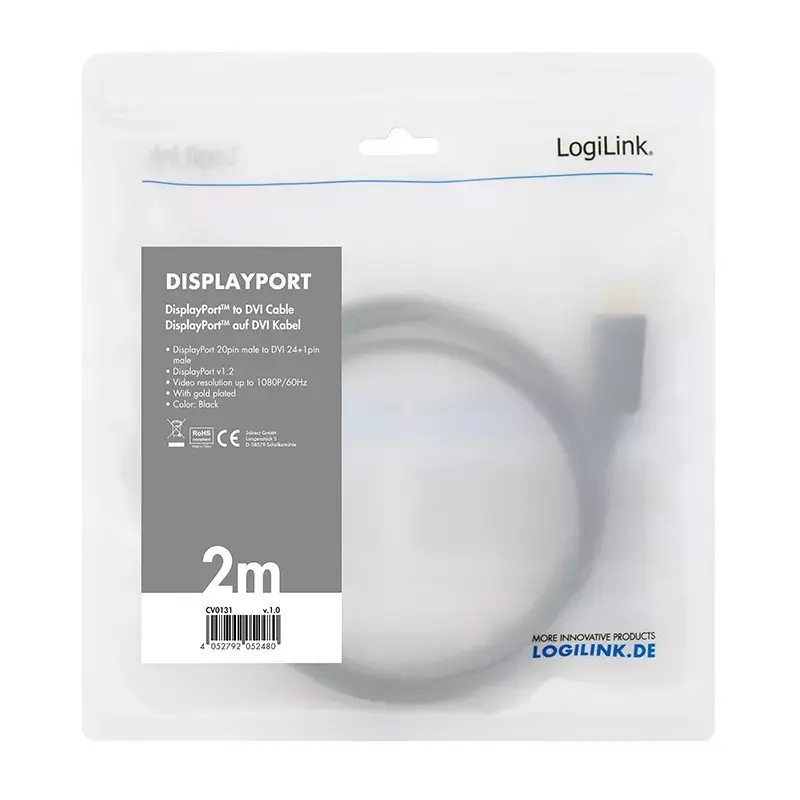 Video Cable Adapter LogiLink CV0130 1m DisplayPort DVI Black