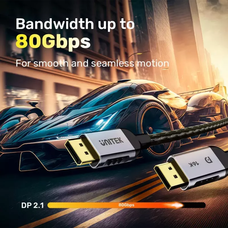 DisplayPort cable Unitek C1626GY01-2M, DisplayPort 2.1 male–male, 2 m, 80 Gbit/s, 16K@60Hz, 4K@240Hz, HDR, HDCP 2.2