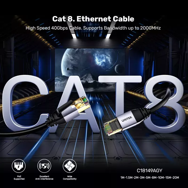 Networking cable UNITEK C18149AGY03-2M RJ-45 Cat8 2m Black