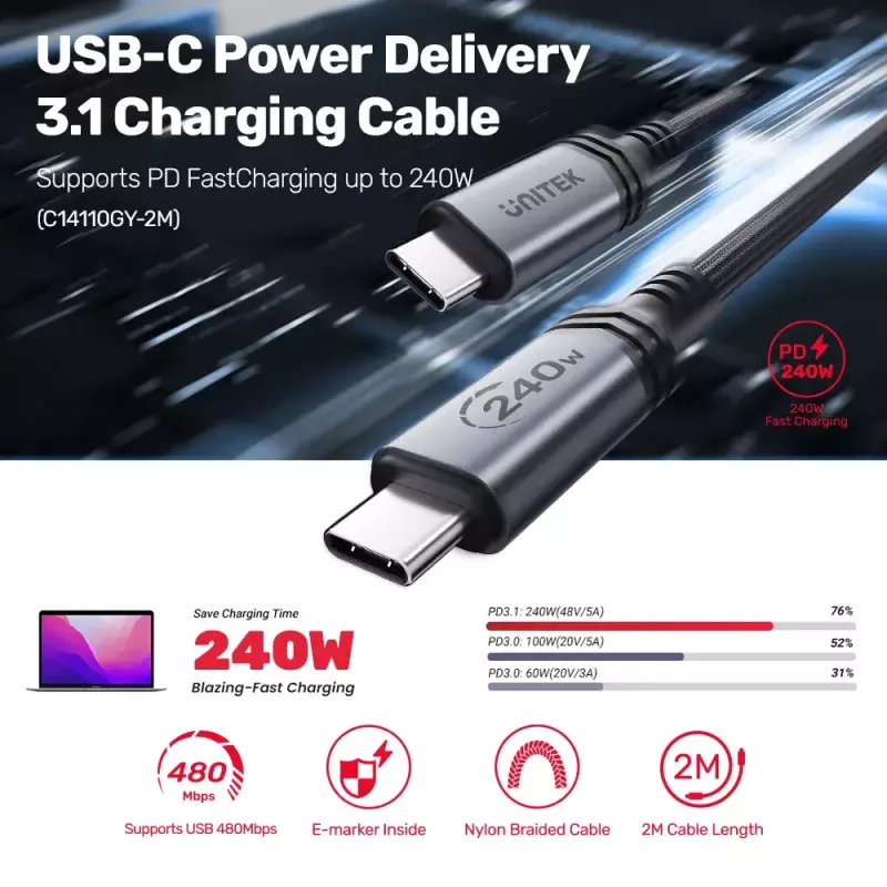 USB-C to USB-C cable Unitek C14110GY-2M USB 3.2 Gen 1, 2 m, 5 A, 240 W, black