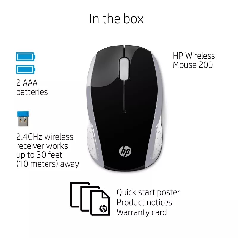HP Wireless Mouse 200 (Pike Silver), Ambidextrous, Optical, RF Wireless, 1000 DPI, Silver
