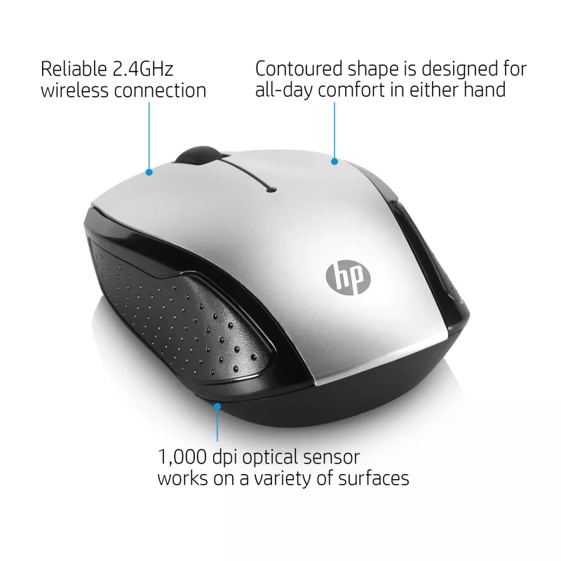 HP Wireless Mouse 200 (Pike Silver), Ambidextrous, Optical, RF Wireless, 1000 DPI, Silver