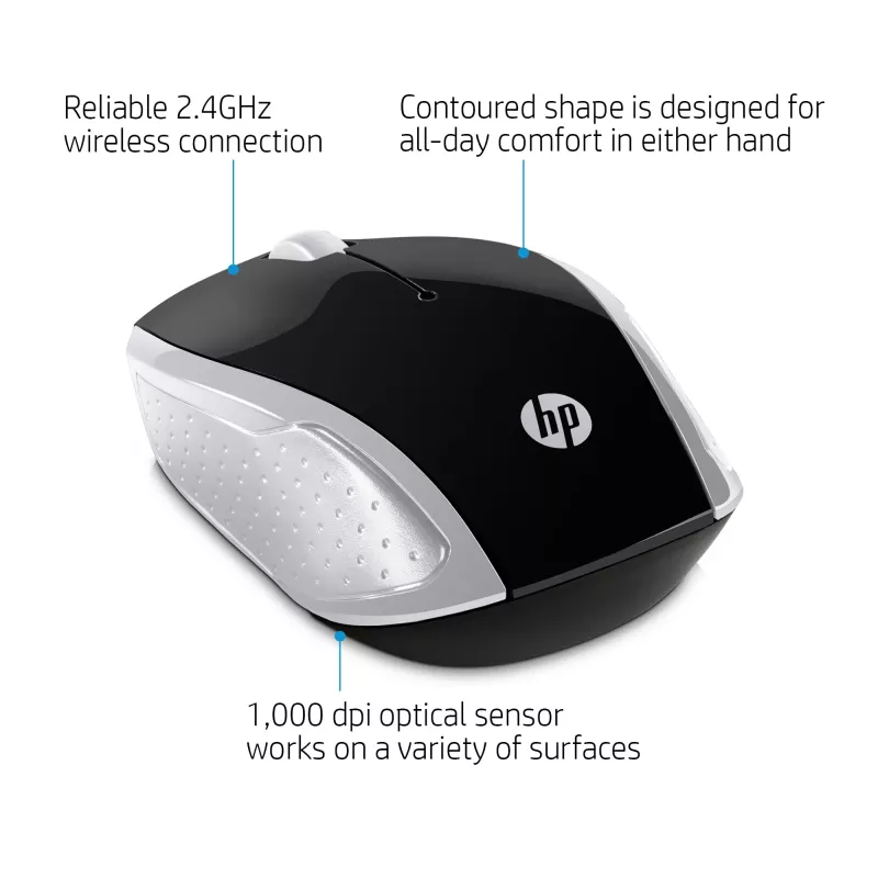 HP Wireless Mouse 200 (Pike Silver), Ambidextrous, Optical, RF Wireless, 1000 DPI, Silver