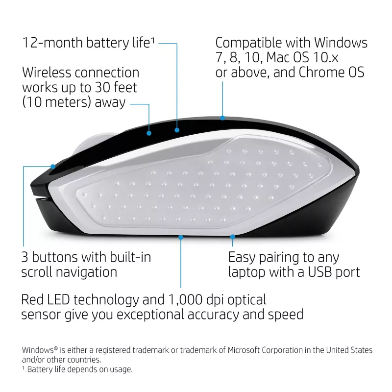 HP Wireless Mouse 200 (Pike Silver), Ambidextrous, Optical, RF Wireless, 1000 DPI, Silver