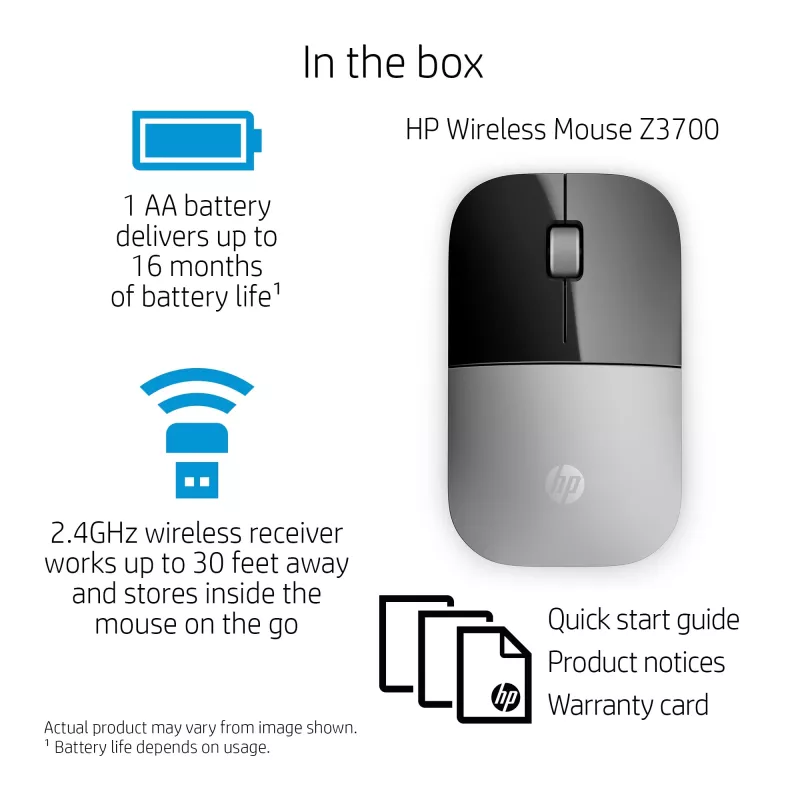 HP Z3700 Silver Wireless Mouse, Ambidextrous, Optical, RF Wireless, 1200 DPI, Silver