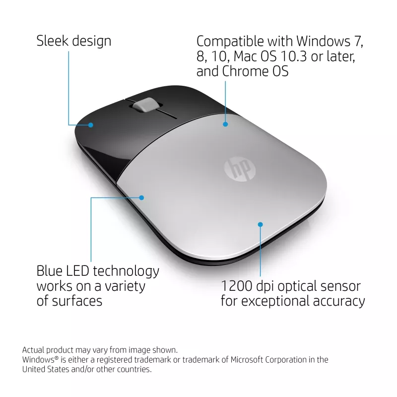 HP Z3700 Silver Wireless Mouse, Ambidextrous, Optical, RF Wireless, 1200 DPI, Silver