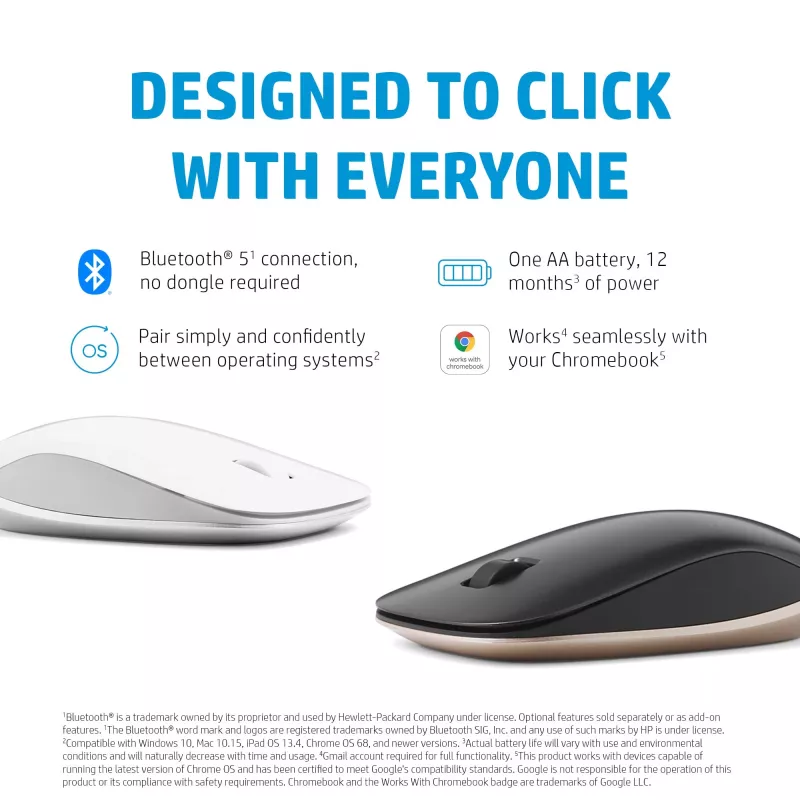 HP 410 Slim Silver Bluetooth Mouse, Ambidextrous, Bluetooth, 2000 DPI, Silver