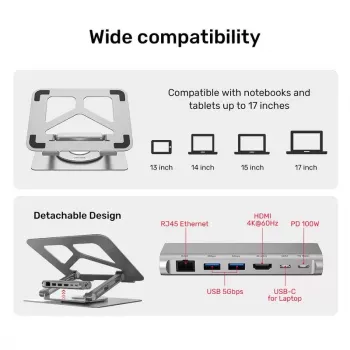 Laptop stand Unitek D1109A — aluminium adjustable stand with USB-C hub, HDMI, Gigabit Ethernet (fits 14 inch–17 inch)