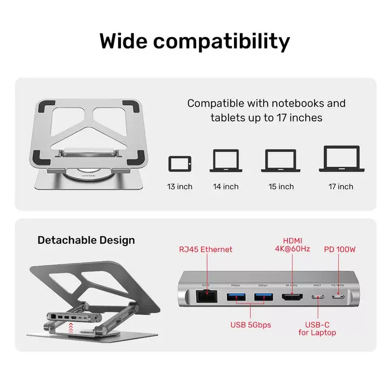 Laptop stand Unitek D1109A — aluminium adjustable stand with USB-C hub, HDMI, Gigabit Ethernet (fits 14 inch–17 inch)