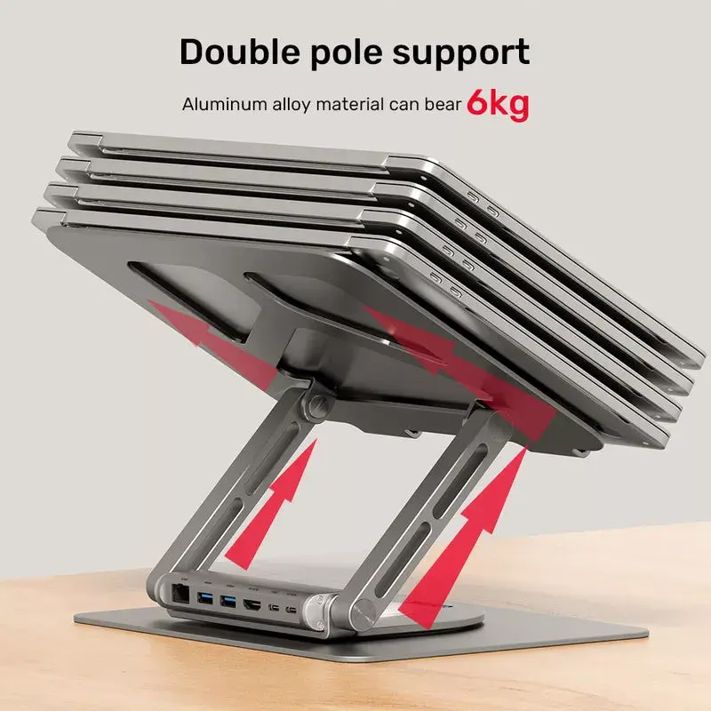 Laptop stand Unitek D1109A — aluminium adjustable stand with USB-C hub, HDMI, Gigabit Ethernet (fits 14 inch–17 inch)