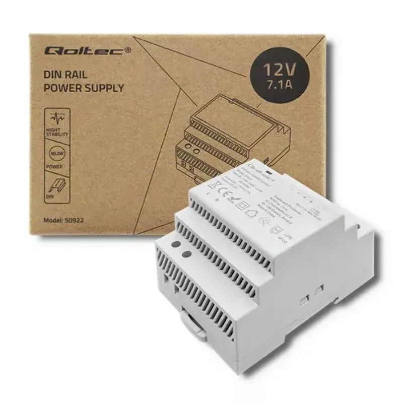 DIN rail power supply QOLTEC 50922 — 12V 7.1A output, 85.2W
