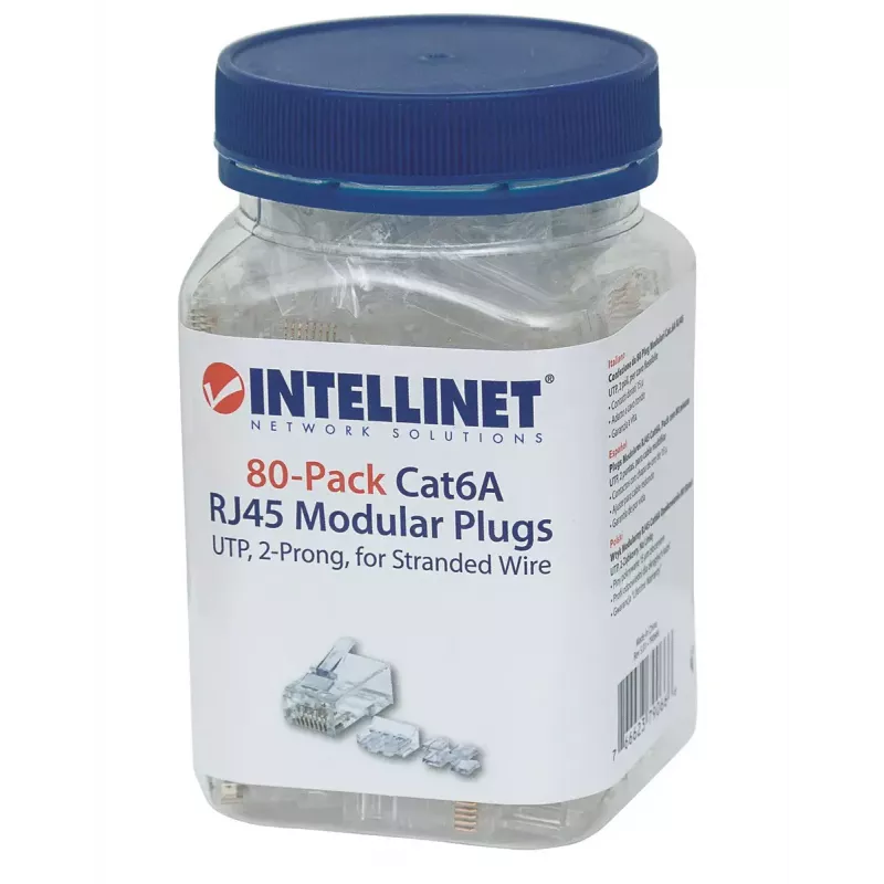 Intellinet RJ45 Modular Plugs, Cat6A, UTP, 2-prong, for stranded wire, 15 µ gold plated contacts, 80 pack