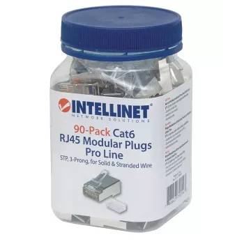 Intellinet RJ45 Modular Plugs Pro Line, Cat6, STP, 3-prong, for solid and stranded wire, 50 µ gold-plated contacts, 90 pack