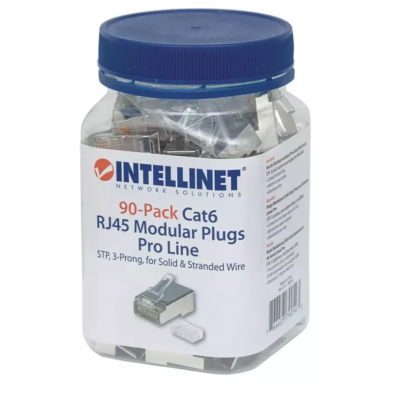 Intellinet RJ45 Modular Plugs Pro Line, Cat6, STP, 3-prong, for solid and stranded wire, 50 µ gold-plated contacts, 90 pack