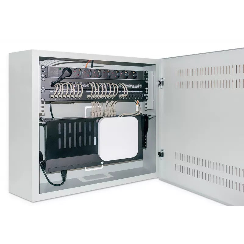 Intellinet Low-Profile 19 inch Wall Mount Cabinet with 4U Horizontal and 2U Vertical Rails Slim, Space-saving Enclosure with Only 170 mm (6.7 in.) Depth, Ideal for AV, Multimedia and Surveillance Applications, Assembled, Gray RAL 7035