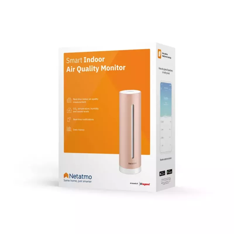 Indoor air quality monitor Netatmo Smart Indoor Air Quality Monitor — CO2 0–5000 ppm, temp 0–50°C, noise, Wi‑Fi/Bluetooth, AC powered, aluminium, rose gold