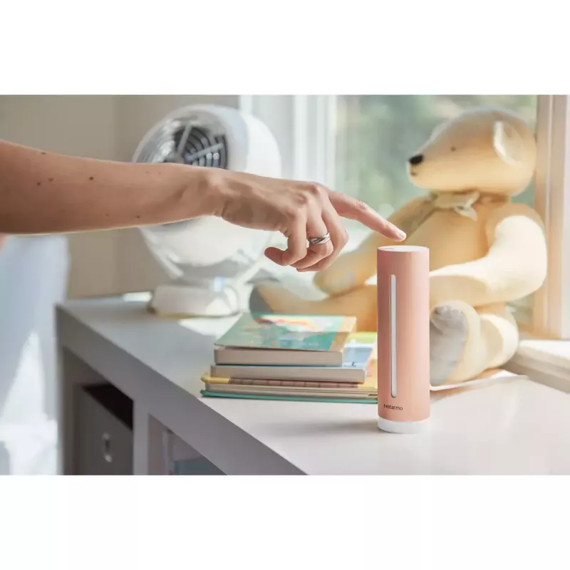 Indoor air quality monitor Netatmo Smart Indoor Air Quality Monitor — CO2 0–5000 ppm, temp 0–50°C, noise, Wi‑Fi/Bluetooth, AC powered, aluminium, rose gold