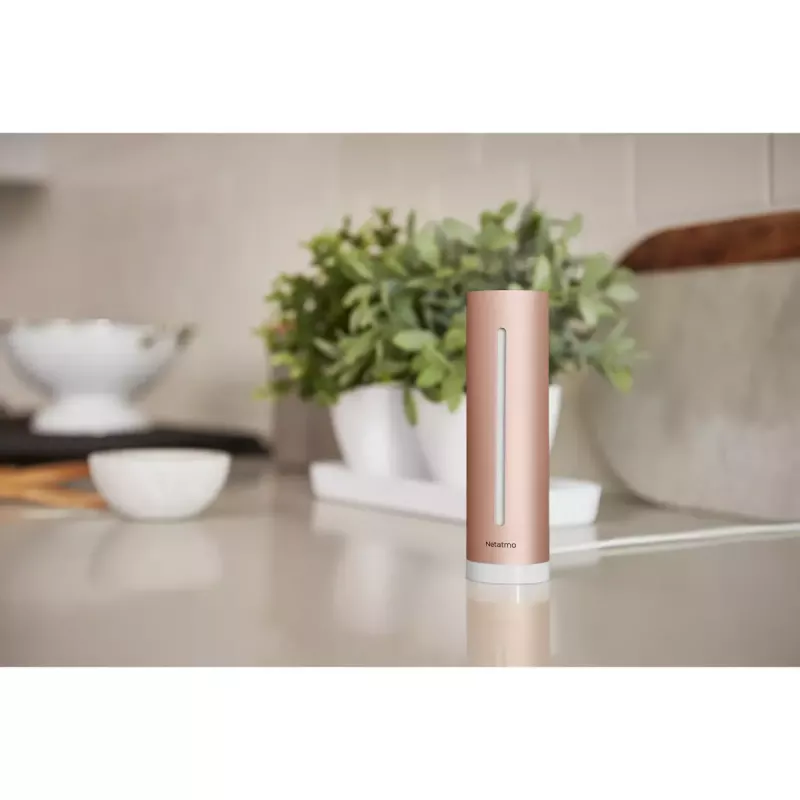Indoor air quality monitor Netatmo Smart Indoor Air Quality Monitor — CO2 0–5000 ppm, temp 0–50°C, noise, Wi‑Fi/Bluetooth, AC powered, aluminium, rose gold