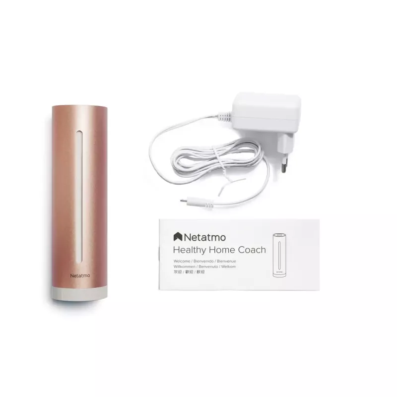 Indoor air quality monitor Netatmo Smart Indoor Air Quality Monitor — CO2 0–5000 ppm, temp 0–50°C, noise, Wi‑Fi/Bluetooth, AC powered, aluminium, rose gold