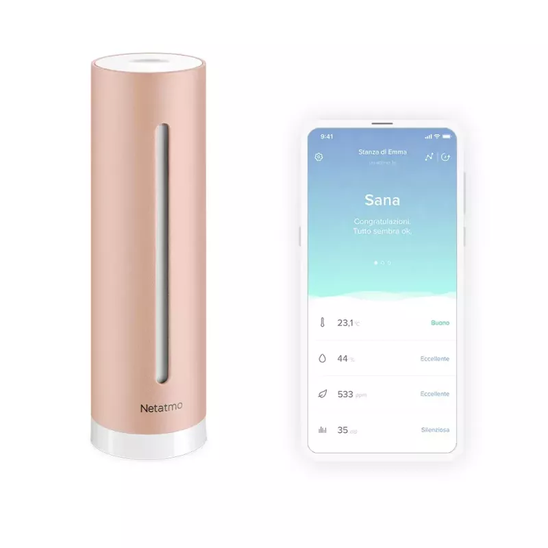 Indoor air quality monitor Netatmo Smart Indoor Air Quality Monitor — CO2 0–5000 ppm, temp 0–50°C, noise, Wi‑Fi/Bluetooth, AC powered, aluminium, rose gold
