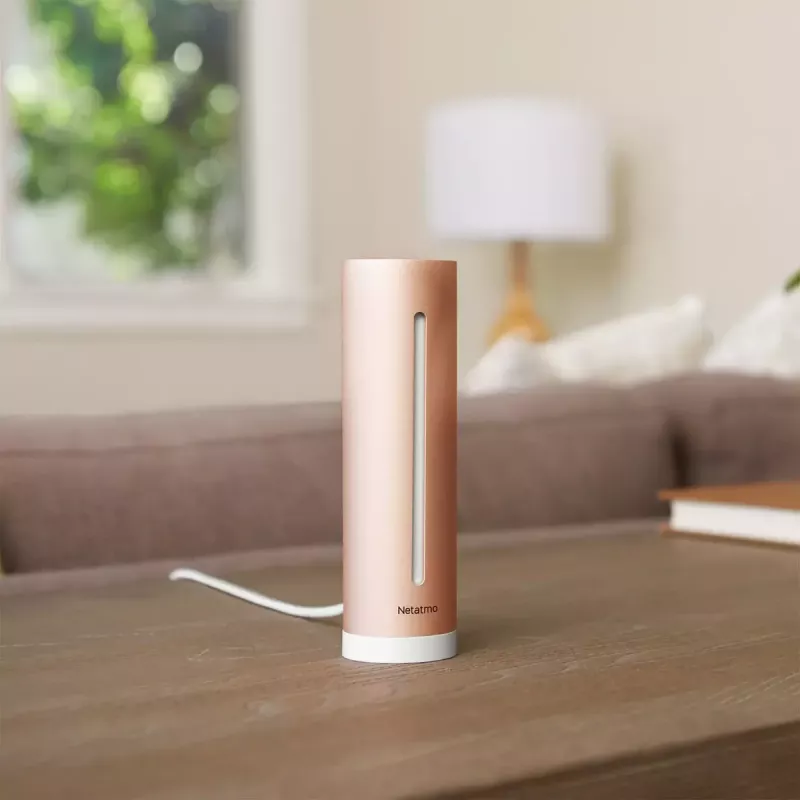 Indoor air quality monitor Netatmo Smart Indoor Air Quality Monitor — CO2 0–5000 ppm, temp 0–50°C, noise, Wi‑Fi/Bluetooth, AC powered, aluminium, rose gold