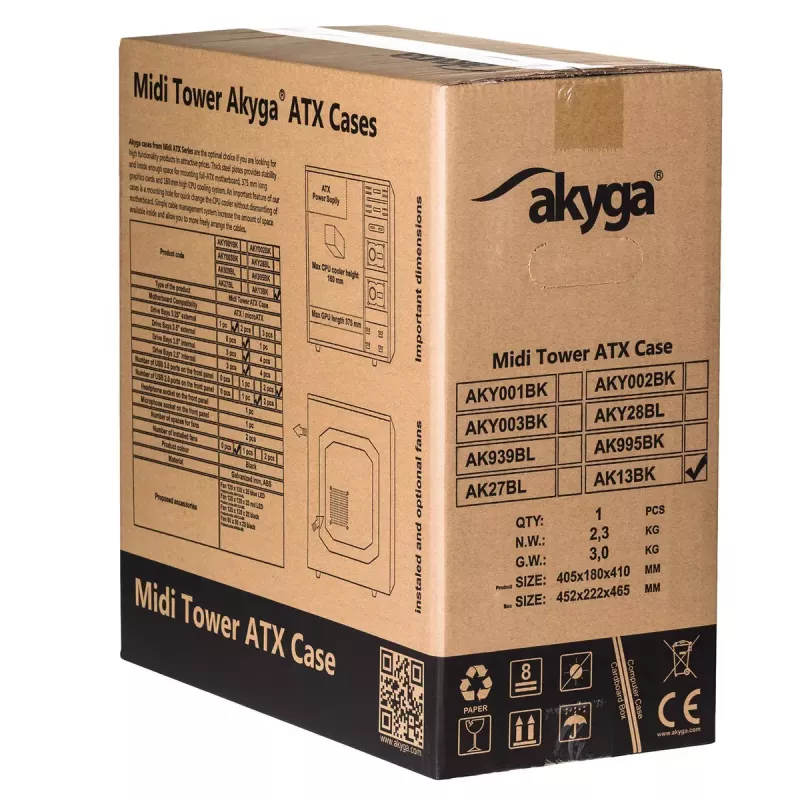 PC case Akyga AK13BK Micro Tower — ATX/Micro-ATX, 3×3.5 inch bays, 3×2.5 inch bays, top PSU, USB 3.2 Gen1×2, max GPU 385 mm, black