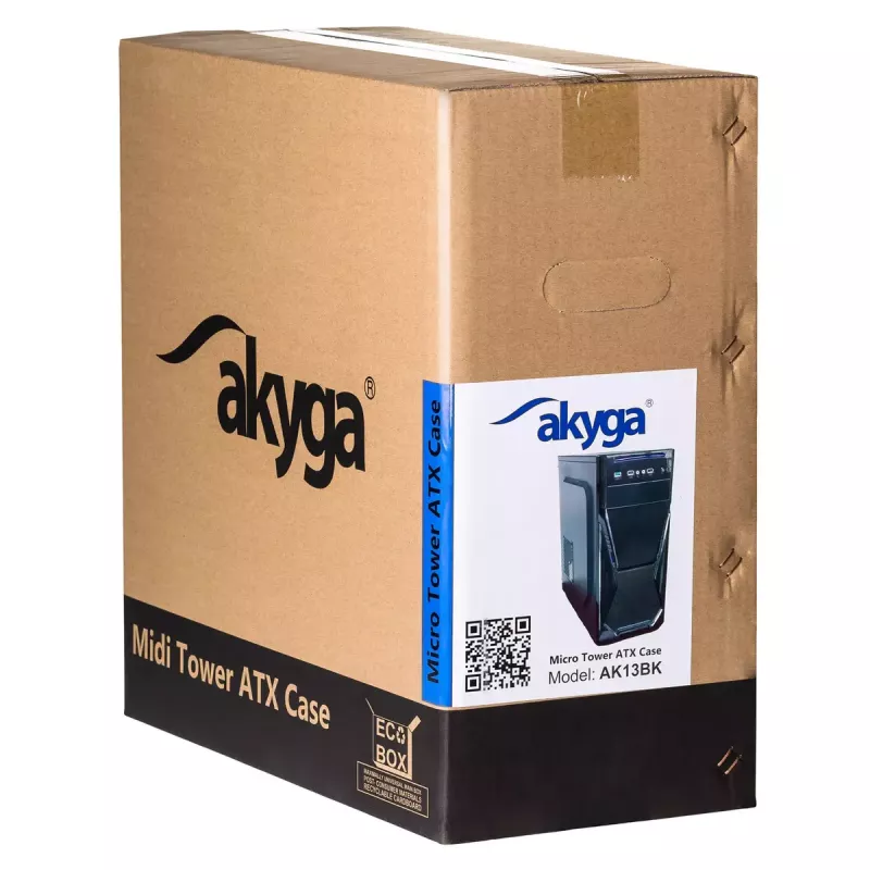 PC case Akyga AK13BK Micro Tower — ATX/Micro-ATX, 3×3.5 inch bays, 3×2.5 inch bays, top PSU, USB 3.2 Gen1×2, max GPU 385 mm, black